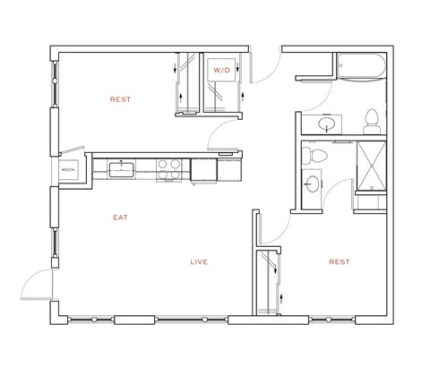 Floor plan for 2 beds, 2 baths, 1131 sqft